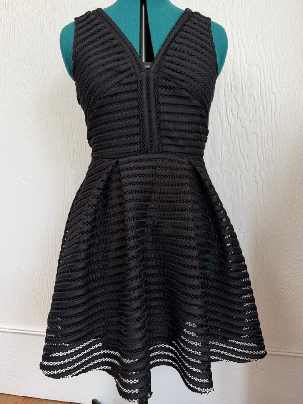 Black Sleeveless V-Neck Mini Dress with Textured Stripe Knit